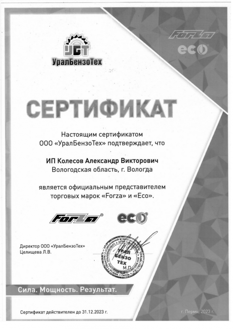 Сертификат официального дилера FORZA и ECO